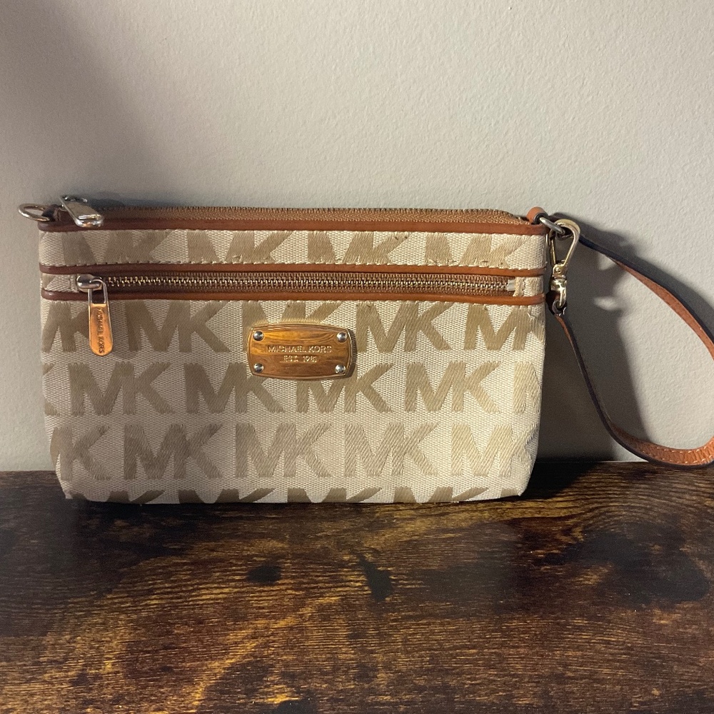 Michael Kors canvas and leather wristlet
